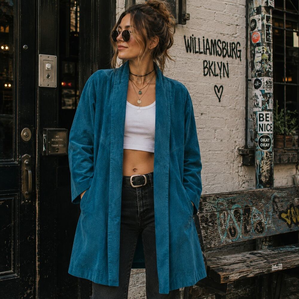 True Vintage Atlantic Beach Teal Blue 100% Leather Suede Open Front Coat Hipster